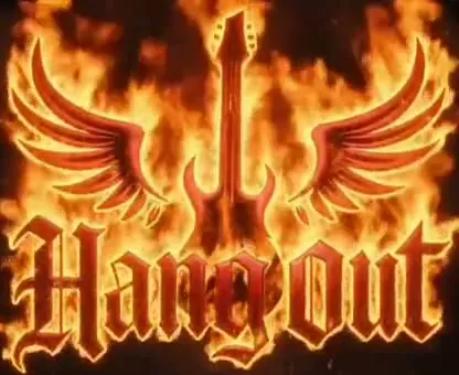 Logotipo de HangOut en llamas: alas y guitarra